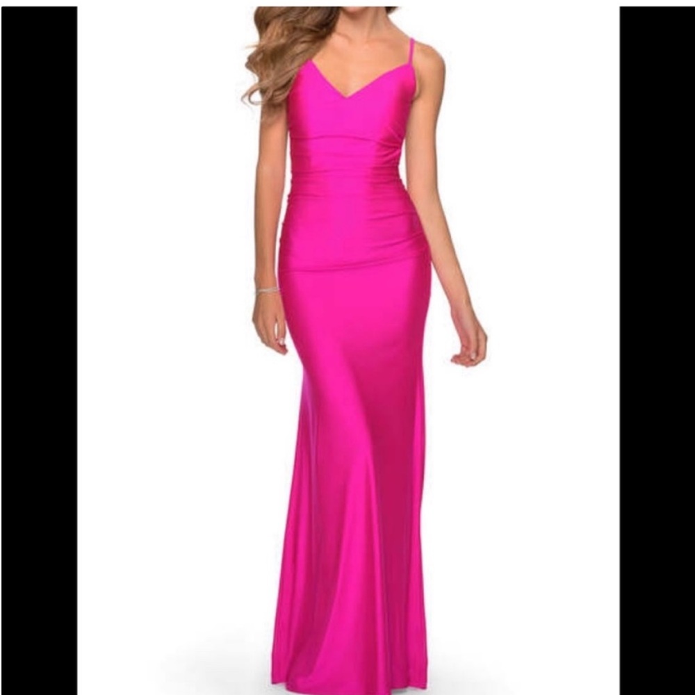 La Femme 29020 Prom Strappy Back Bodycon Maxi Gown Dress Neon Pink Size 4